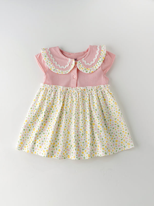 Popees Baby Girls Cap Sleeve Cotton Dress| Pink & White| 3-24 Months