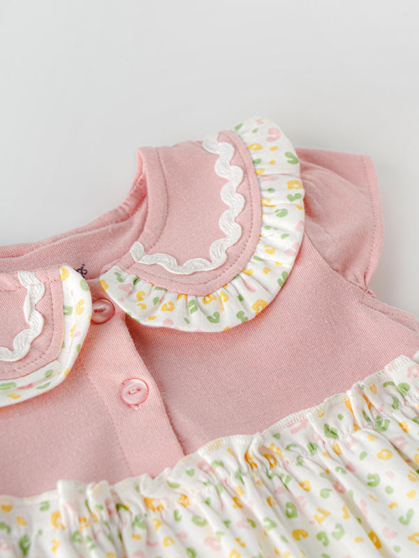 Popees Baby Girls Cap Sleeve Cotton Dress| Pink & White| 3-24 Months