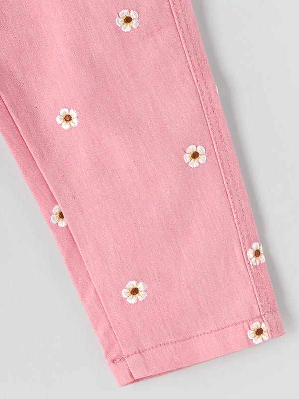Popees Girls Floral Printed Pink Denim Pants with Button Closure| 1–8 Years