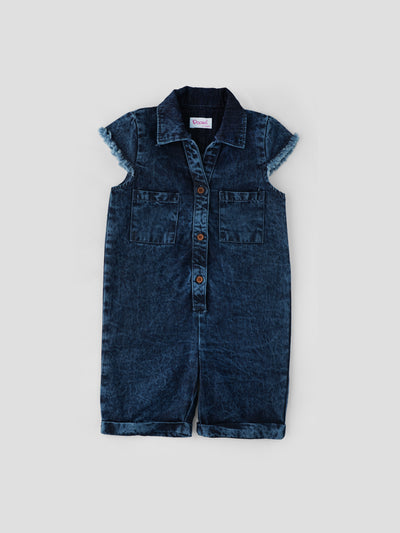 Popees Baby Girls Denim Short Sleeve Romper| Dark Blue| 1-8 Years