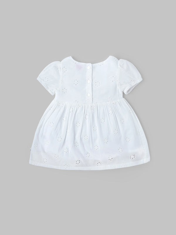 Popees Baby Girls Short Sleeve Cotton Dress with Bow| White| 3-36 Months