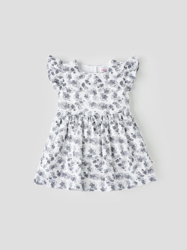 Popees Baby Girls Flutter Sleeve Cotton Dress| White & Grey| 3-36 Months