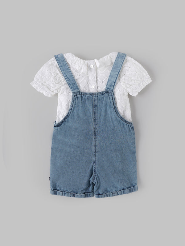 Popees Baby Girls Denim Dungaree Set with Cotton Frill Neck Top, 2-Piece Summer Outfit| Adjustable Strap Shorts Romper for Infants & Toddlers| 3–24 Months