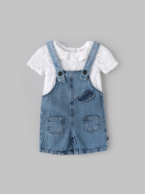 Popees Baby Girls Denim Dungaree Set with Cotton Frill Neck Top, 2-Piece Summer Outfit| Adjustable Strap Shorts Romper for Infants & Toddlers| 3–24 Months