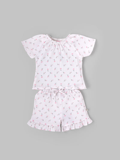 Popees Baby Girls Short Sleeve Cotton Co-Ord Set| White| 3-36 Months