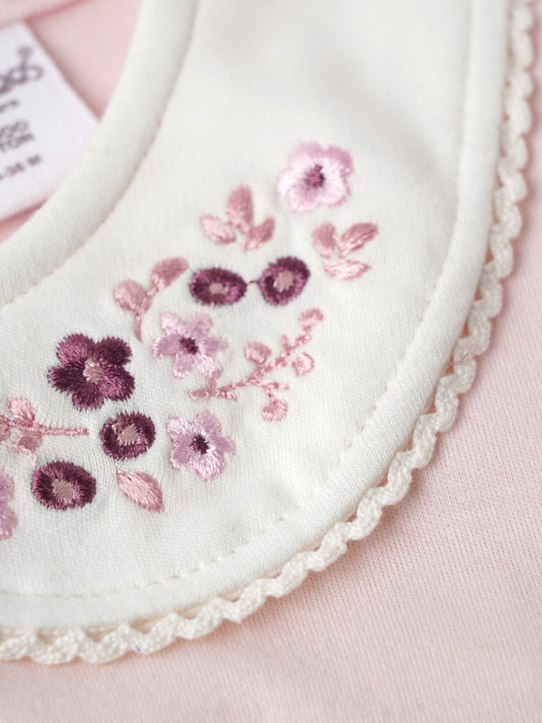 Popees Soft Pink Dress Floral Embroidered Collar, Puff Sleeves, Pure Cotton (3–36 Months) for Baby Girls