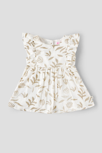 Popees Baby Girl Cotton Dress| 3–24 Months Leaf Print, Ruffle Sleeve Casual Wear