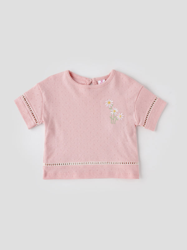 Popees Baby Girls Short Sleeve Cotton Top| Soft Pink| 3-36 Months