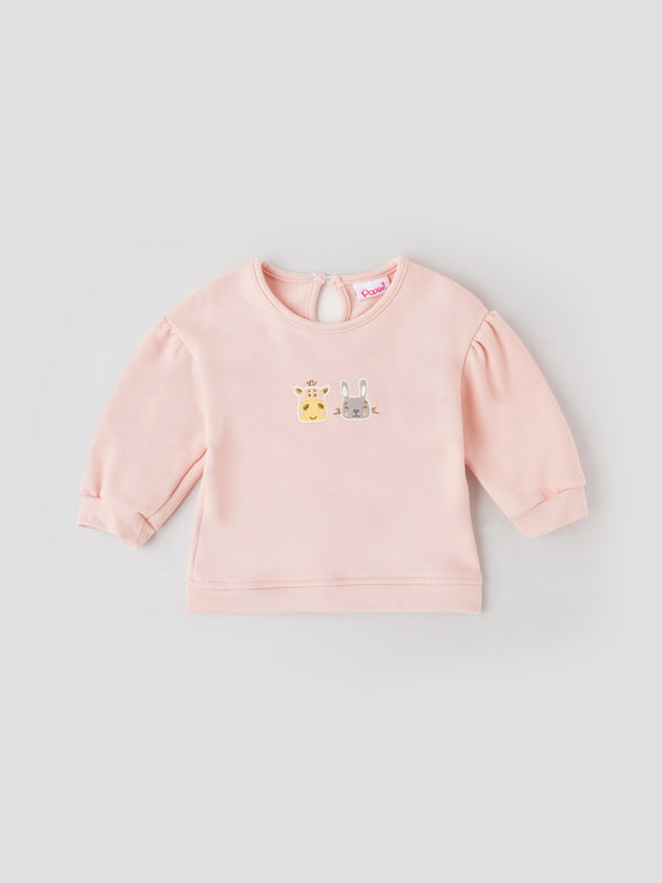 Popees Soft Pink with Animal Face Embroidery Warm, Comfy & Adorably Stylish T-Shirt (3-24 Months) for Baby Girls