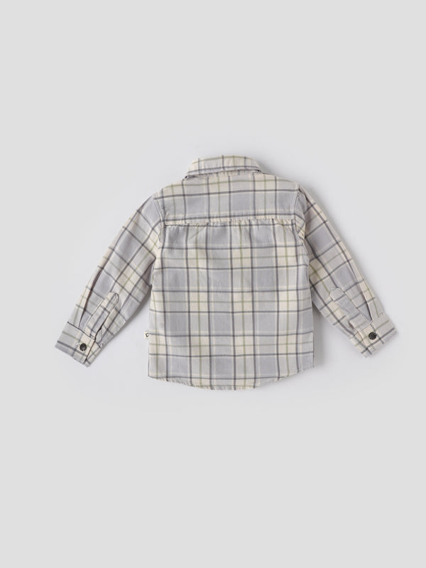 Baby Boys Checked Full Sleeve Cotton Shirt with Front Pocket| Grey| 9 Months to 4 Years