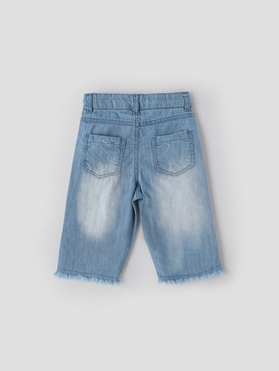 Popees Baby Girls Light Wash Denim Shorts with Frayed Hem| Blue| 6 Months to 4 Years