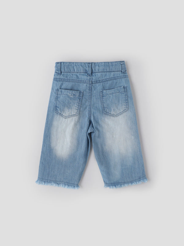 Popees Baby Girls Light Wash Denim Shorts with Frayed Hem| Blue| 6 Months to 4 Years