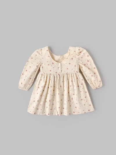 Popees Baby Girls Floral Cotton Dress |Cream Printed Long Sleeve A-Line Outfit (9 Months to 4 Years)