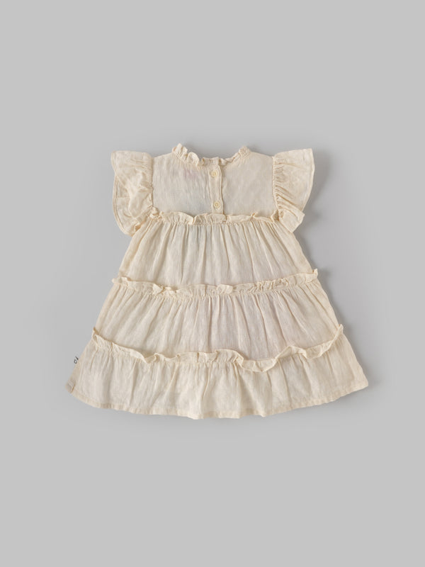 Popees Baby Girls Textured Tiered Ruffle Cotton Dress| Off-White| 9 Months to 4 Years