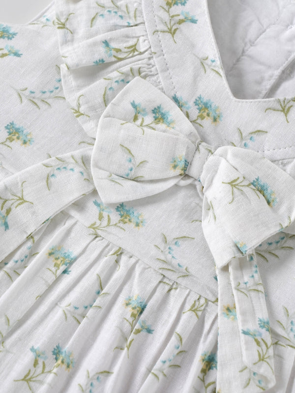 Baby Girls Floral Print Sleeveless Dress with Bow| White| 9 Months to 4 Years