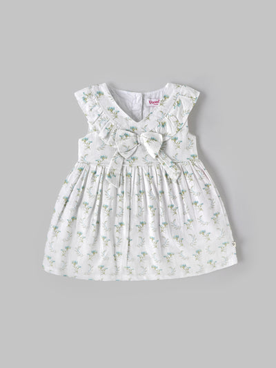 Baby Girls Floral Print Sleeveless Dress with Bow| White| 9 Months to 4 Years