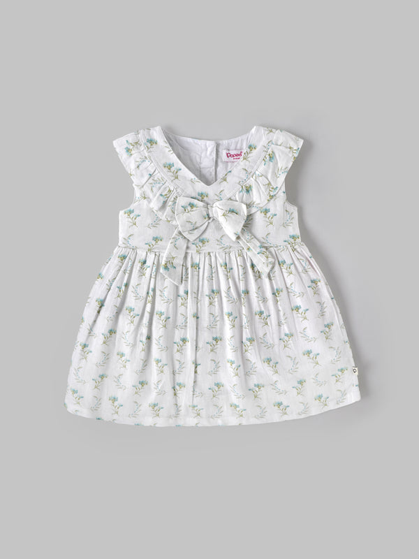 Baby Girls Floral Print Sleeveless Dress with Bow| White| 9 Months to 4 Years