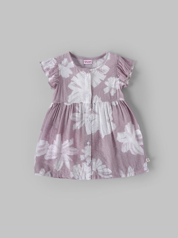 Popees Baby Girls Floral Print Ruffle Sleeve Dress with Front Buttons| 9M–4Y