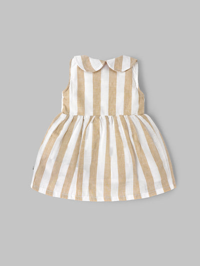 Popees Baby Girls Sleeveless Cotton Dress with Peter Pan Collar| Beige & White| 9 Months to 4 Years