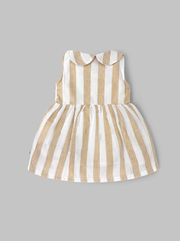 Popees Baby Girls Sleeveless Cotton Dress with Peter Pan Collar| Beige & White| 9 Months to 4 Years