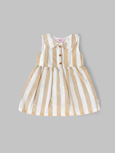 Popees Baby Girls Sleeveless Cotton Dress with Peter Pan Collar| Beige & White| 9 Months to 4 Years