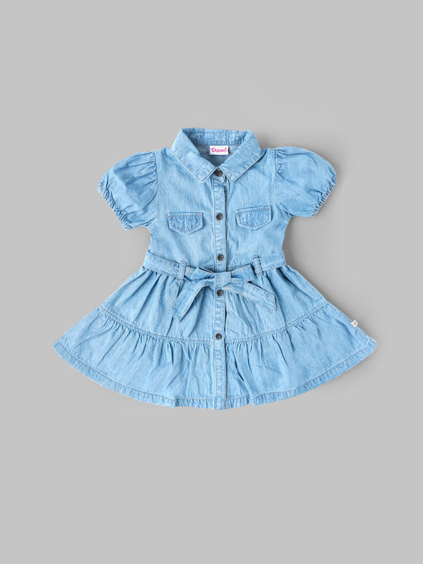 Popees Girls Denim Fit & Flare Dress with Belt | Soft Cotton Denim Dress for Kids (9M–4Y)