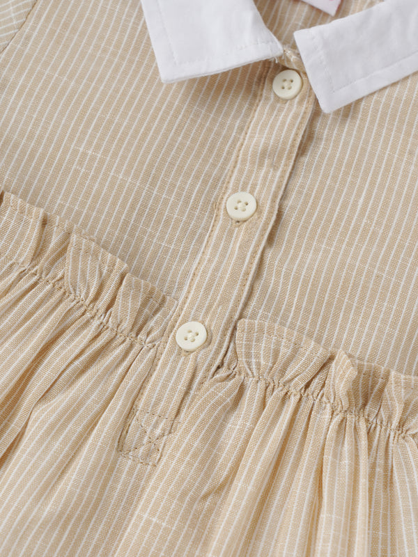 Popees Baby Girls Short Sleeve Cotton Dress| Beige| 9 Months To 4 Years