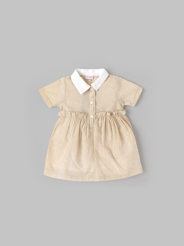 Popees Baby Girls Short Sleeve Cotton Dress| Beige| 9 Months To 4 Years