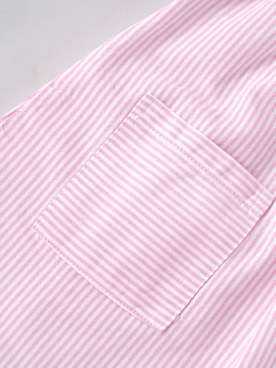 Popees Baby Girls Pink & White Striped Cotton Dress|Smocked Bodice Puff Sleeve Casual Summer Outfit with Pockets |9 Months to 4 Years