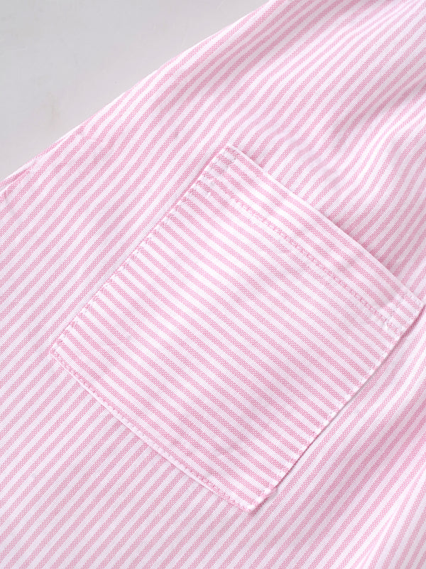 Popees Baby Girls Pink & White Striped Cotton Dress|Smocked Bodice Puff Sleeve Casual Summer Outfit with Pockets |9 Months to 4 Years