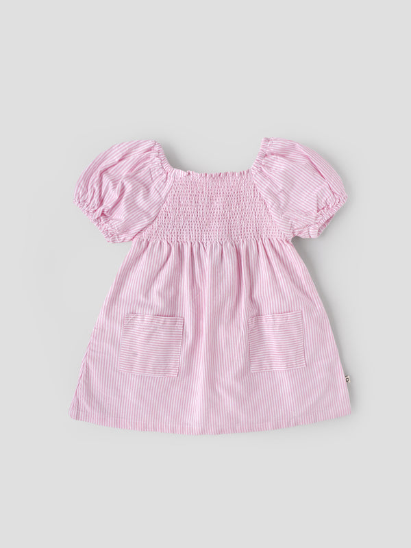 Popees Baby Girls Pink & White Striped Cotton Dress|Smocked Bodice Puff Sleeve Casual Summer Outfit with Pockets |9 Months to 4 Years