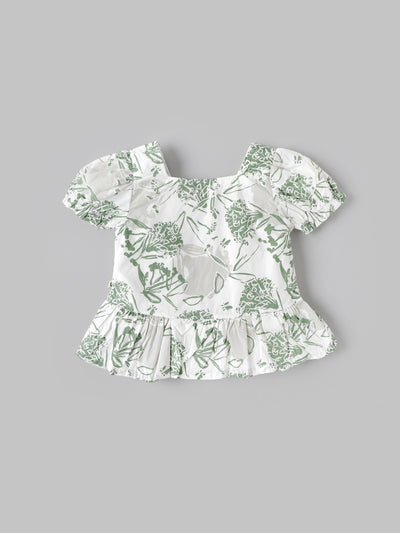 Popees Baby Girls Green Floral Print Peplum Top with Puff Sleeves| 9 Months–4 Years