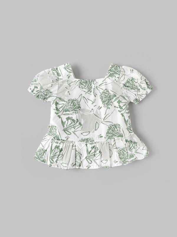 Popees Baby Girls Green Floral Print Peplum Top with Puff Sleeves| 9 Months–4 Years