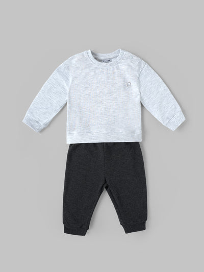 Popees Baby Boys Grey Full Sleeve T-Shirt & Dark Grey Jogger Pants Set with Shoulder Snap Closure| 3–24 Months