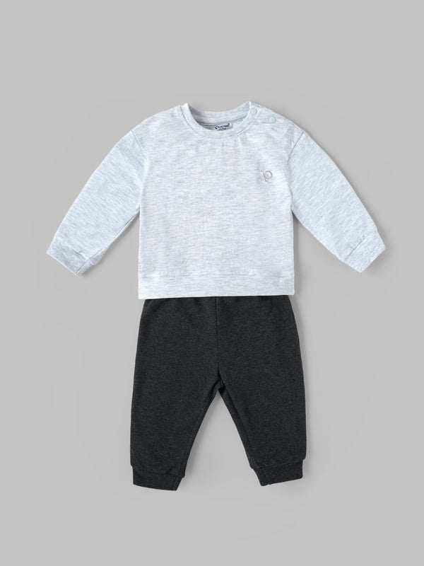 Popees Baby Boys Grey Full Sleeve T-Shirt & Dark Grey Jogger Pants Set with Shoulder Snap Closure| 3–24 Months