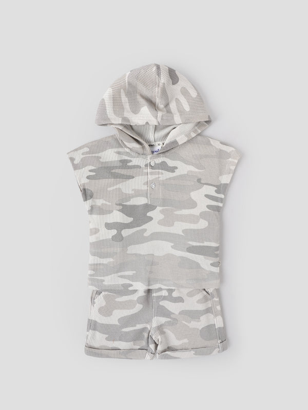 Popees Baby Boys Cap Sleeves Cotton Hooded Top & Shorts Set| Grey| 3-24 Months