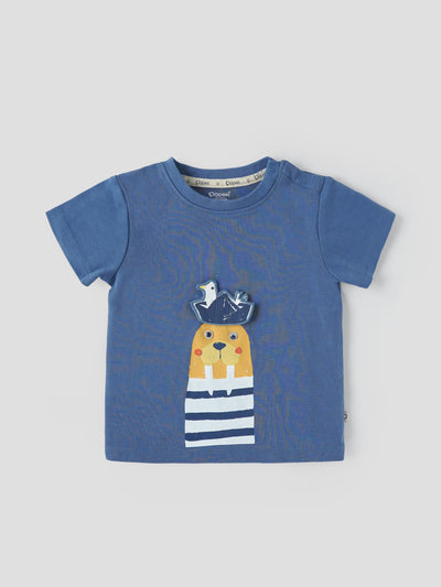 Popees Baby Boys Blue Cotton T-Shirt with Lion & Bird 3D Appliqué Design, Short Sleeve Casual Wear| 3–36 Months