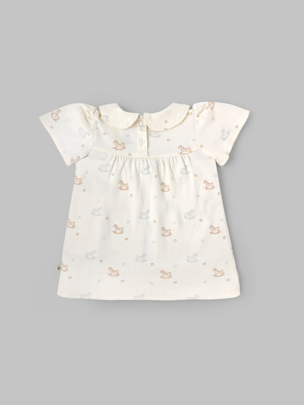 Popees Baby Girls Short Sleeve Cotton Dress| Off White| 3-24 Months