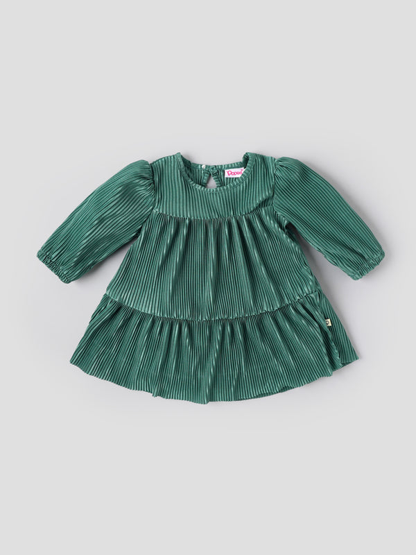 Popees Baby Girls Teal Green Pleated Full Sleeve Party Dress| 3 Months–36 Months