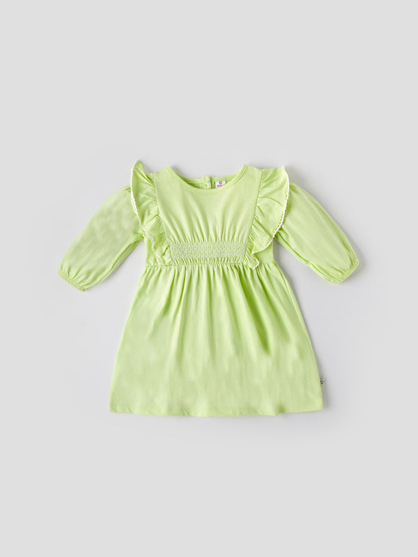 Popees Baby Girls Ruffle Sleeve Cotton Dress| Light Green| 6 - 24 Months
