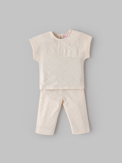 Popees Baby Girls Short Sleeve Cotton Co-ord Set| Cream| 3-24 Months