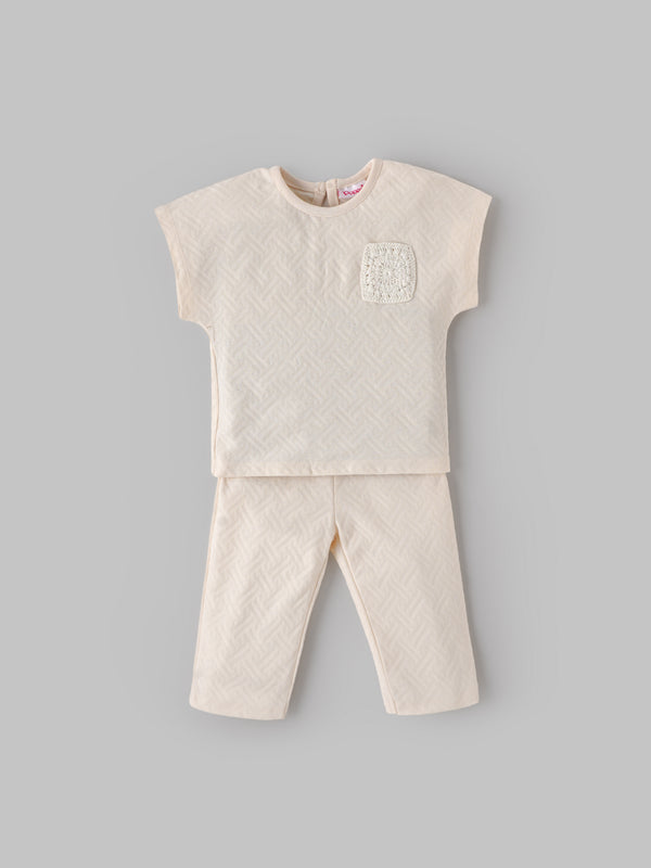 Popees Baby Girls Short Sleeve Cotton Co-ord Set| Cream| 3-24 Months