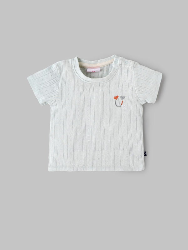 Popees Baby Girls Mint Green Cotton Knit T-Shirt|Pointelle Short Sleeve Top with Shoulder Snaps (3M–24M)