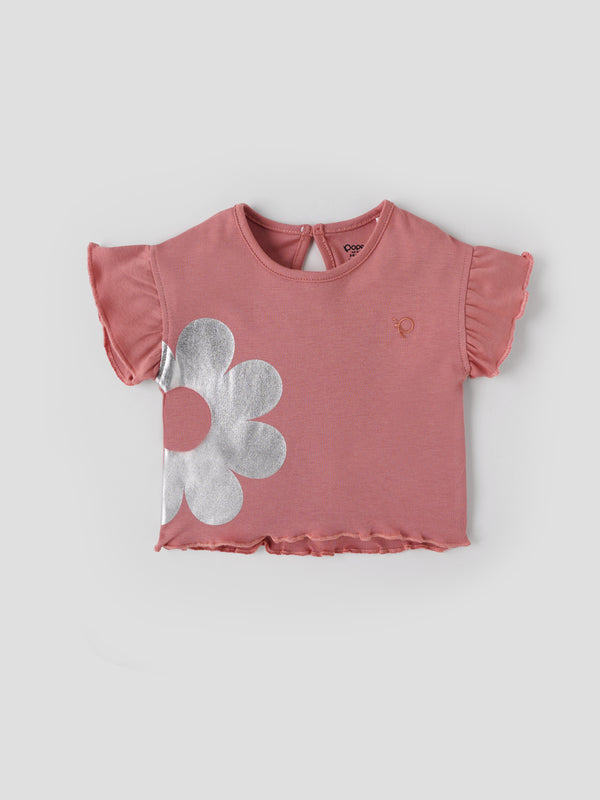 Popees Baby Girls Flower Print Short Sleeve Cotton Top| Pink| 3 to 36 Months