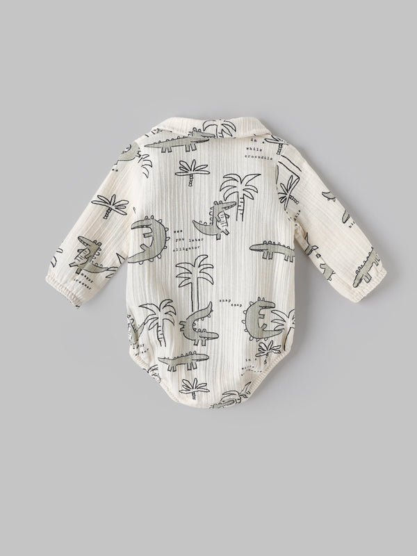 Popees Baby Boys Cotton Bodysuit with Crocodile Print| Off-White| Newborn-9 Months