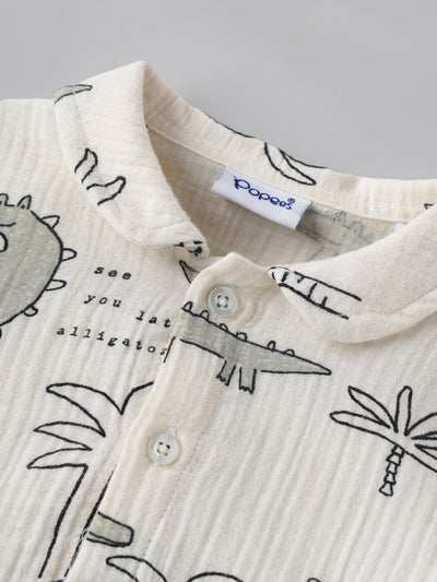Popees Baby Boys Cotton Bodysuit with Crocodile Print| Off-White| Newborn-9 Months