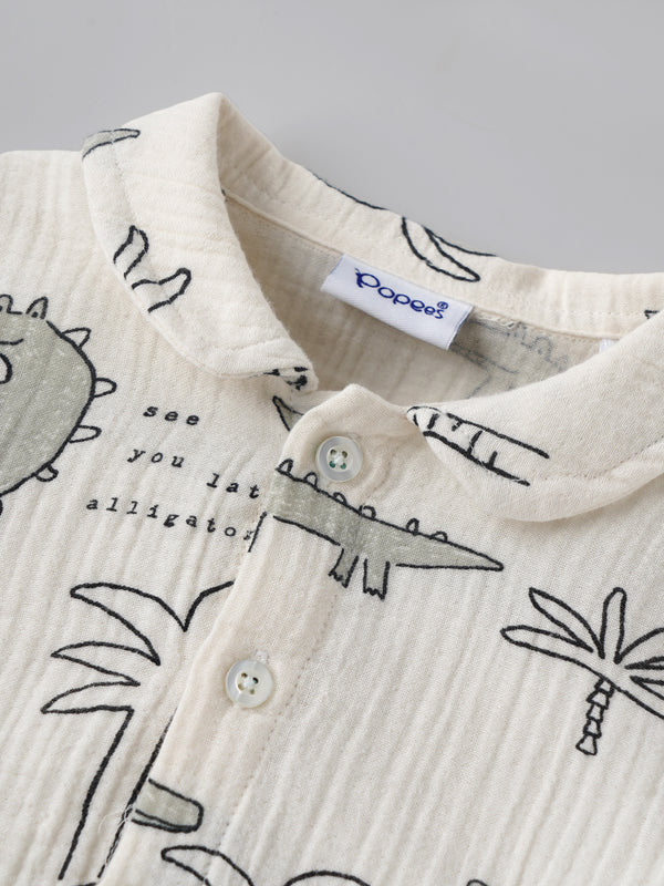 Popees Baby Boys Cotton Bodysuit with Crocodile Print| Off-White| Newborn-9 Months
