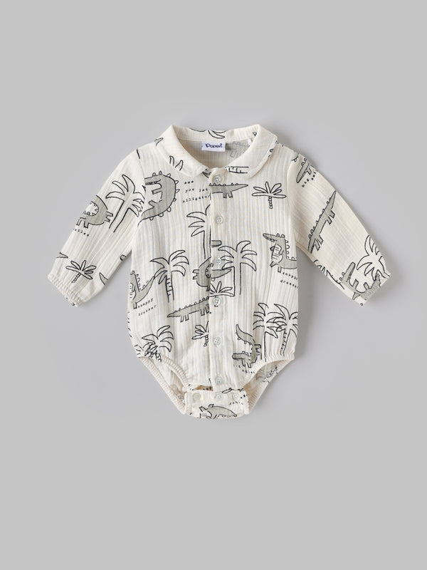 Popees Baby Boys Cotton Bodysuit with Crocodile Print| Off-White| Newborn-9 Months