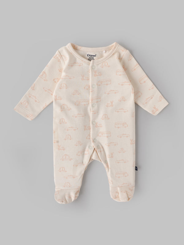 Popees Baby Vehicle Print Cotton Sleepsuit Set |Footed Romper with Cap & Mittens (Tiny Baby, New Born–6M)