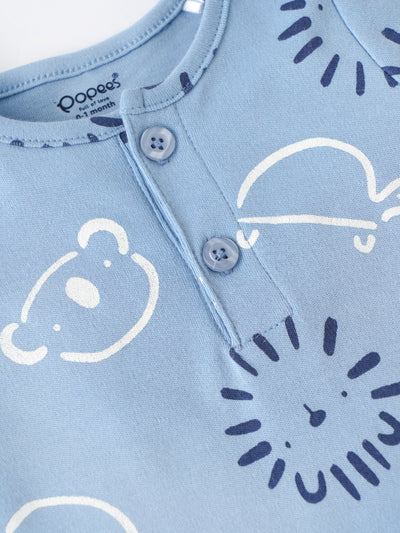 Popees Baby Boys Printed Cotton Romper Set with Cap |Henley Snap Romper (0M–9M)